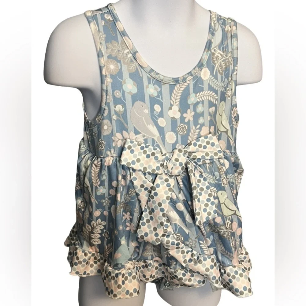 Pete and Lucy Blue Gray and White Floral and Bird Tank Romper NWT